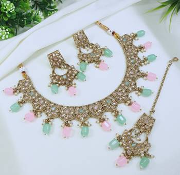 beautiful multicolor antique gold plated ad/zircon work polki necklace jewelry set with maangtika 2