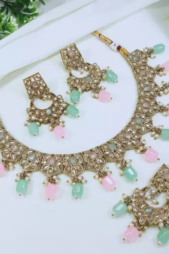 beautiful multicolor antique gold plated ad/zircon work polki necklace jewelry set with maangtika