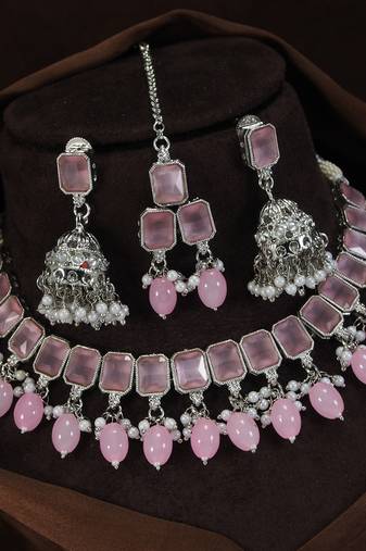 beautiful pink rhodium plated ad/zircon work polki necklace jewelry set with maangtika