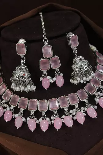 beautiful pink rhodium plated ad/zircon work polki necklace jewelry set with maangtika