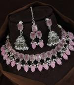 beautiful pink rhodium plated ad/zircon work polki necklace jewelry set with maangtika