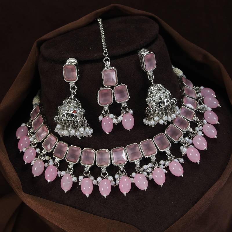 beautiful pink rhodium plated ad/zircon work polki necklace jewelry set with maangtika