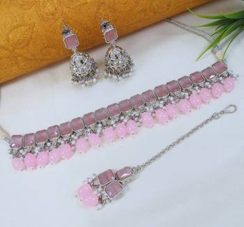 beautiful pink rhodium plated ad/zircon work polki necklace jewelry set with maangtika 2