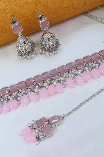 beautiful pink rhodium plated ad/zircon work polki necklace jewelry set with maangtika