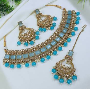 stunning firozi mehendi gold plated ad/zircon work polki necklace jewelry set with maangtika 1