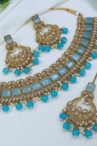 stunning firozi mehendi gold plated ad/zircon work polki necklace jewelry set with maangtika