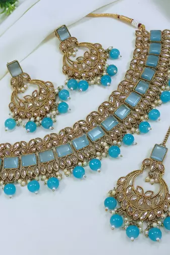 stunning firozi mehendi gold plated ad/zircon work polki necklace jewelry set with maangtika