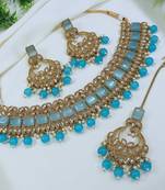 stunning firozi mehendi gold plated ad/zircon work polki necklace jewelry set with maangtika