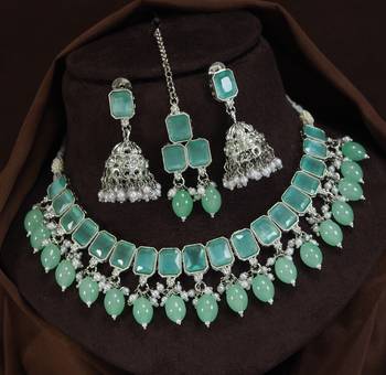 beautiful mint green rhodium plated ad/zircon work polki necklace jewelry set with maangtika 1