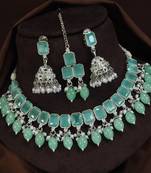 beautiful mint green rhodium plated ad/zircon work polki necklace jewelry set with maangtika