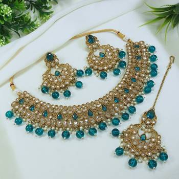 designer rama green mehendi gold plated ad/zircon work polki necklace jewelry set with maangtika 2