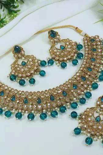 designer rama green mehendi gold plated ad/zircon work polki necklace jewelry set with maangtika