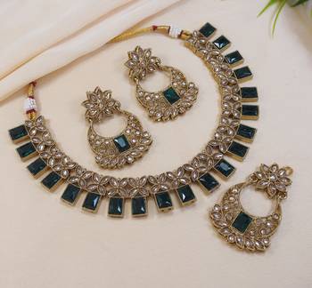 stunning green antique gold plated ad/zircon work polki necklace jewelry set with maangtika 1