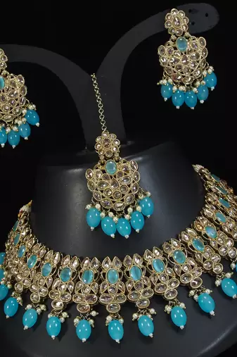 stunning firozi blue mehendi gold plated ad/zircon work polki necklace jewelry set with maangtika