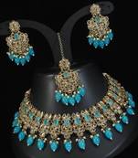 stunning firozi blue mehendi gold plated ad/zircon work polki necklace jewelry set with maangtika