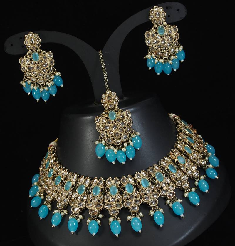 stunning firozi blue mehendi gold plated ad/zircon work polki necklace jewelry set with maangtika