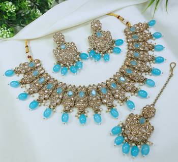 stunning firozi blue mehendi gold plated ad/zircon work polki necklace jewelry set with maangtika 2