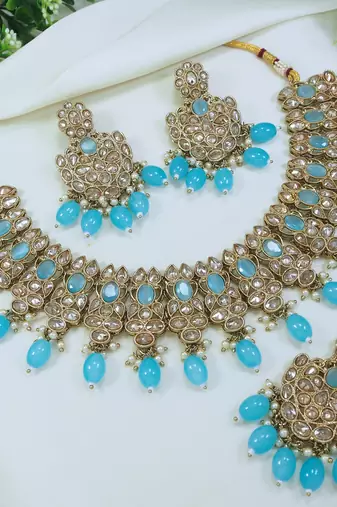 stunning firozi blue mehendi gold plated ad/zircon work polki necklace jewelry set with maangtika