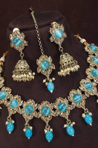 designer firozi blue mehendi gold plated ad/zircon work polki necklace jewelry set with maangtika