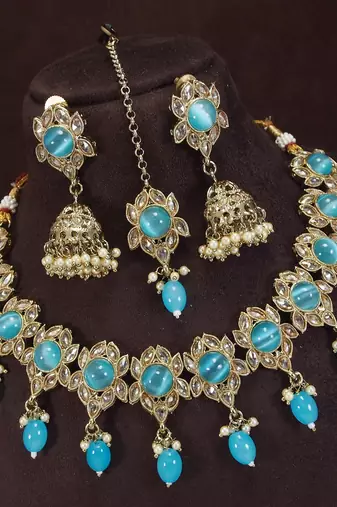 designer firozi blue mehendi gold plated ad/zircon work polki necklace jewelry set with maangtika