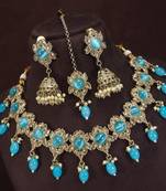 designer firozi blue mehendi gold plated ad/zircon work polki necklace jewelry set with maangtika