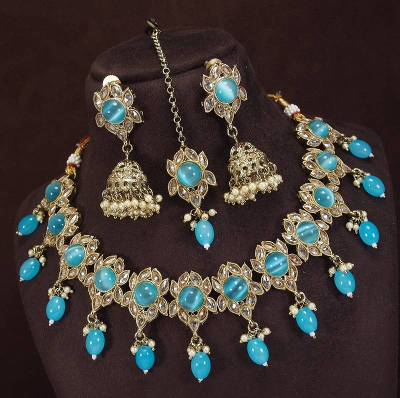 designer firozi blue mehendi gold plated ad/zircon work polki necklace jewelry set with maangtika