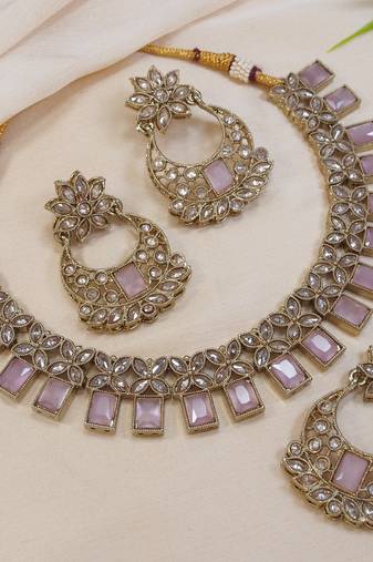stunning pink antique gold plated ad/zircon work polki necklace jewelry set with maangtika