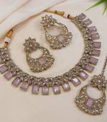 stunning pink antique gold plated ad/zircon work polki necklace jewelry set with maangtika