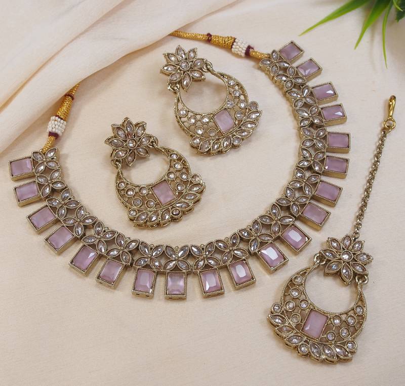 stunning pink antique gold plated ad/zircon work polki necklace jewelry set with maangtika