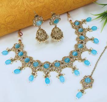 designer firozi blue mehendi gold plated ad/zircon work polki necklace jewelry set with maangtika 2