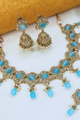 designer firozi blue mehendi gold plated ad/zircon work polki necklace jewelry set with maangtika