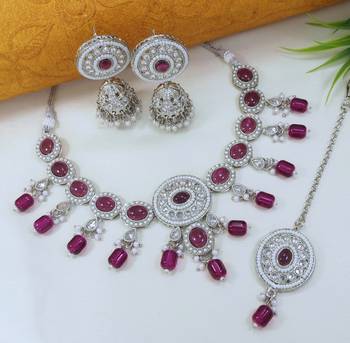 marvelous wine color mehendi gold plated ad/zircon work polki necklace jewelry set with maangtika 2