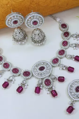 marvelous wine color mehendi gold plated ad/zircon work polki necklace jewelry set with maangtika