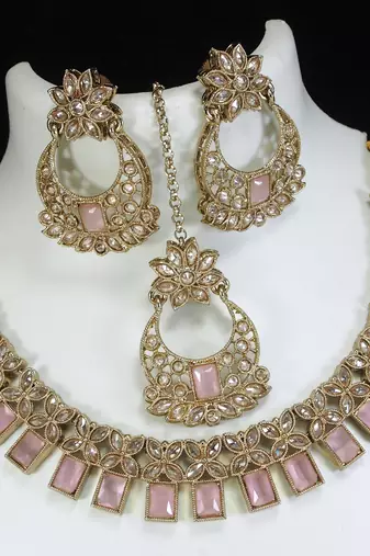 stunning pink antique gold plated ad/zircon work polki necklace jewelry set with maangtika