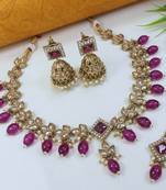 marvelous wine color mehendi gold plated ad/zircon work polki necklace jewelry set with maangtika