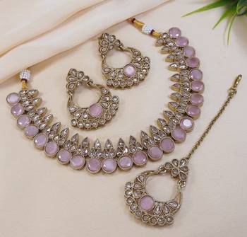 stunning pink antique gold plated ad/zircon work polki necklace jewelry set with maangtika 1