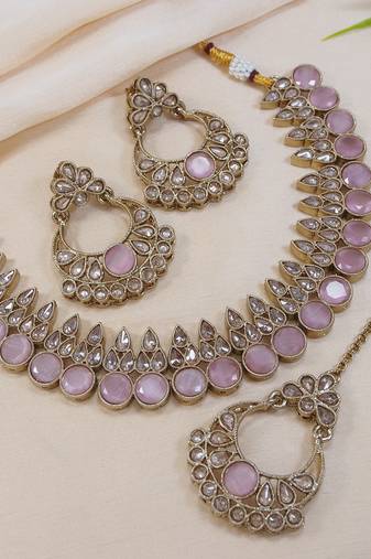 stunning pink antique gold plated ad/zircon work polki necklace jewelry set with maangtika