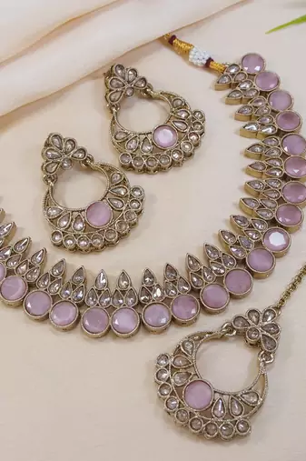 stunning pink antique gold plated ad/zircon work polki necklace jewelry set with maangtika