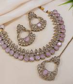 stunning pink antique gold plated ad/zircon work polki necklace jewelry set with maangtika