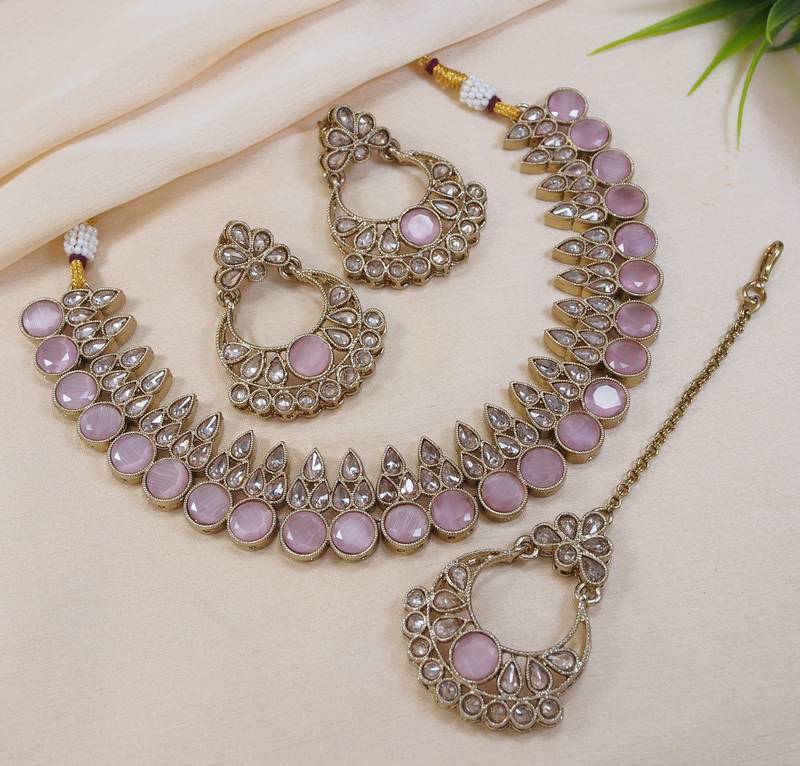 stunning pink antique gold plated ad/zircon work polki necklace jewelry set with maangtika