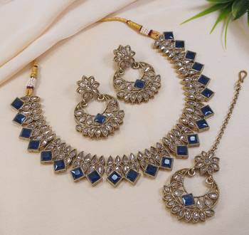 stunning montana blue antique gold plated ad/zircon work polki necklace jewelry set with maangtika 1