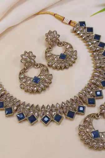 stunning montana blue antique gold plated ad/zircon work polki necklace jewelry set with maangtika