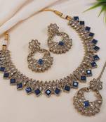 stunning montana blue antique gold plated ad/zircon work polki necklace jewelry set with maangtika