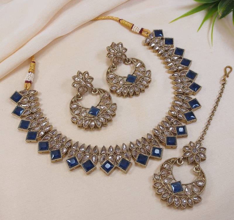 stunning montana blue antique gold plated ad/zircon work polki necklace jewelry set with maangtika