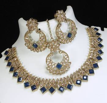 stunning montana blue antique gold plated ad/zircon work polki necklace jewelry set with maangtika 2