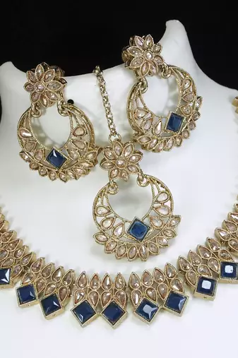 stunning montana blue antique gold plated ad/zircon work polki necklace jewelry set with maangtika