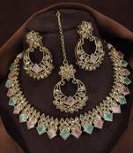 beautiful multicolor antique gold plated ad/zircon work polki necklace jewelry set with maangtika