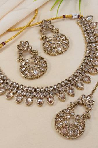 beautiful champaigne gold antique gold plated ad/zircon work polki necklace jewelry set with maangtika
