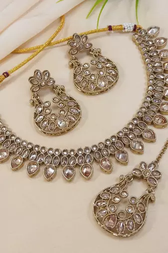 beautiful champaigne gold antique gold plated ad/zircon work polki necklace jewelry set with maangtika