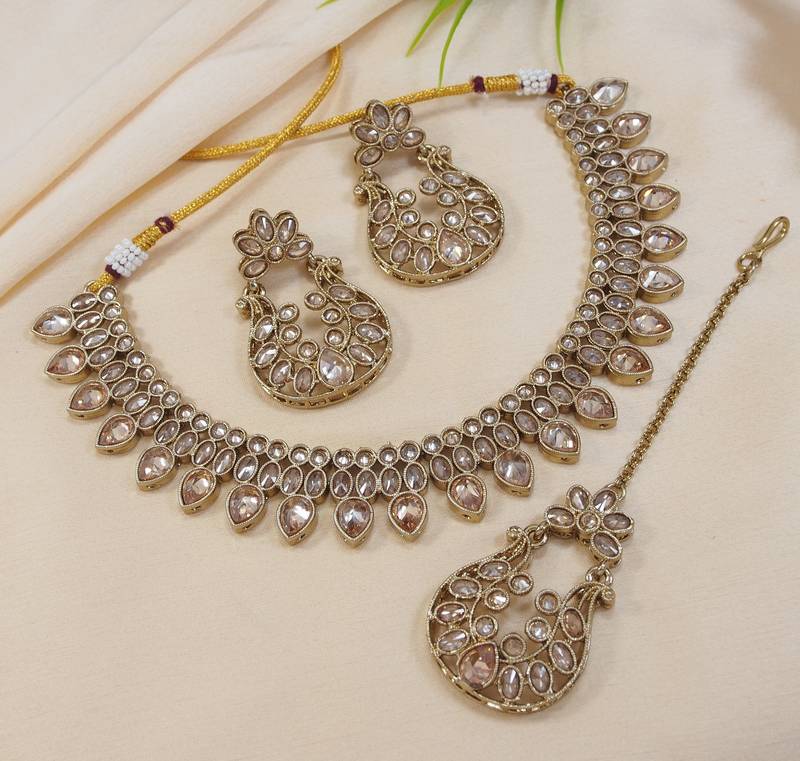 beautiful champaigne gold antique gold plated ad/zircon work polki necklace jewelry set with maangtika